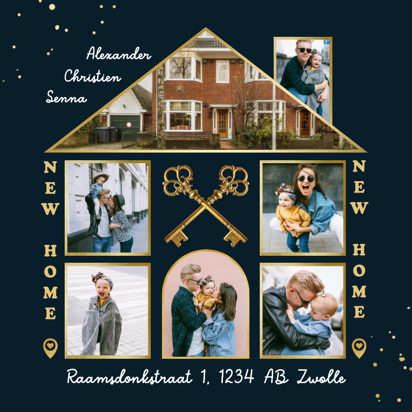 Fotokaarten - Fotokaart verhuisbericht huis fotocollage sleutels goud
