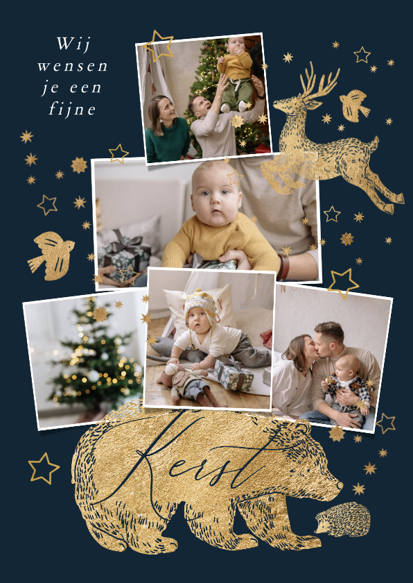 Fotokaarten - Fotokaart voor kerst fotocollage dieren sterren goud