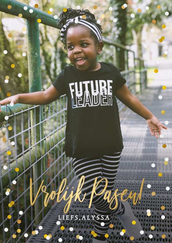 Fotokaart vrolijk Pasen met 1 grote foto en confetti - Fotokaarten Fotokaarten - Fotokaart vrolijk Pasen met 1 grote foto en confetti