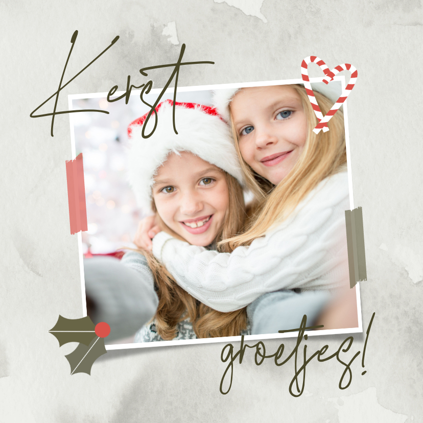 Fotokaartje kerstgroetjes met foto hulst en zuurstokjes - Fotokaarten Fotokaarten - Fotokaartje kerstgroetjes met foto hulst en zuurstokjes