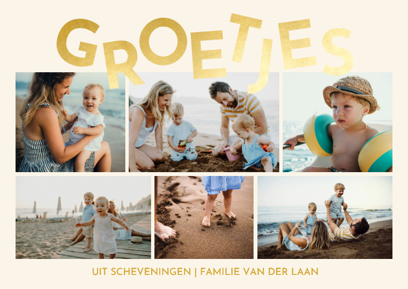 Fotokaartje met fotocollage en speelse gouden groetjes - Fotokaarten Fotokaarten - Fotokaartje met fotocollage en speelse gouden groetjes