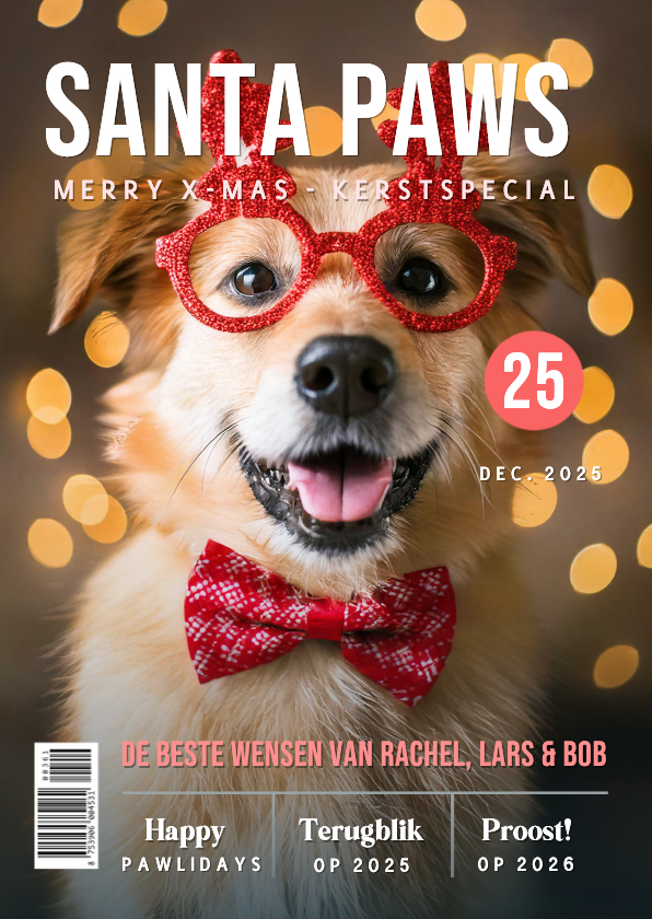 Fotokaarten - Grappige fotokerstkaart huisdier hond kat in tijdschrift