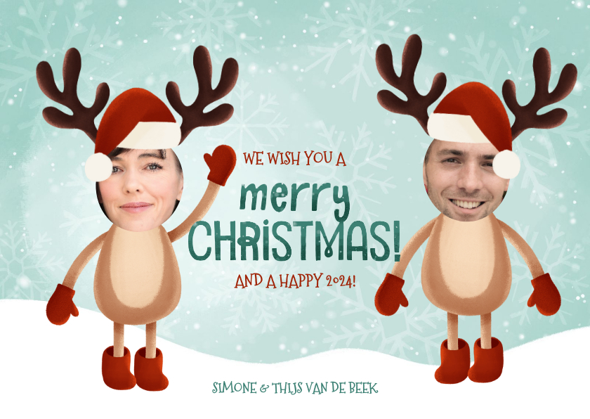 Grappige kerst fotokaart met rendieren kerstmutsen - Fotokaarten Fotokaarten - Grappige kerst fotokaart met rendieren kerstmutsen