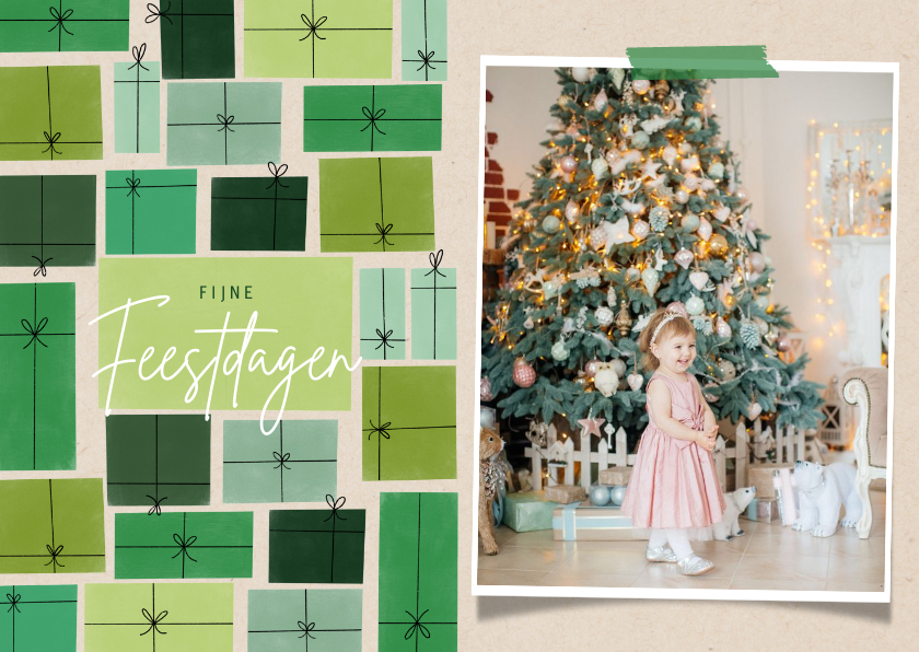 Fotokaarten - Hippe fotokaart fijne feestdagen kerst en groene cadeau's