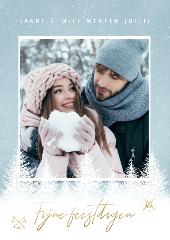 Fotokaarten - Kerst fotokaart sneeuwvlokken, bomen en 'Fijne Feestdagen'