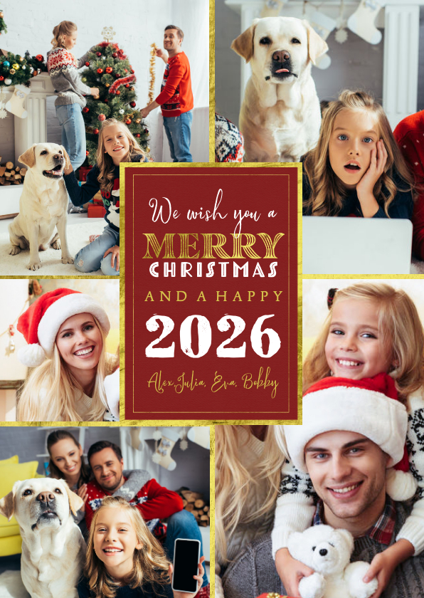 Fotokaarten - Kerstkaart kerst nieuw rood fotocollage goud sterren