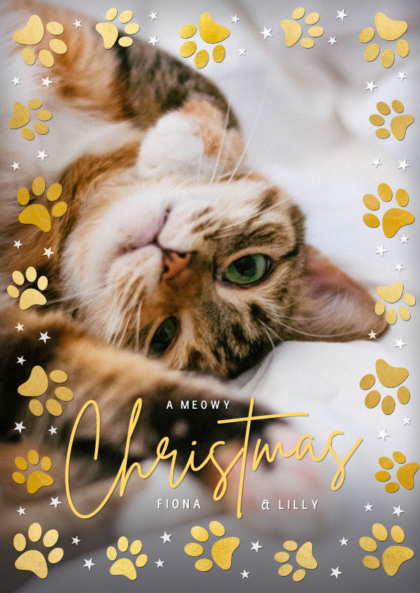 Kerstkaart met grote foto kat of hond en pootafdrukjes - Fotokaarten Fotokaarten - Kerstkaart met grote foto kat of hond en pootafdrukjes