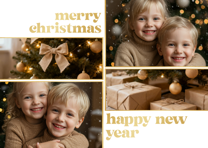 Kerstkaartjes vier foto's gouden spetters merry christmas - Fotokaarten Fotokaarten - Kerstkaartjes vier foto's gouden spetters merry christmas