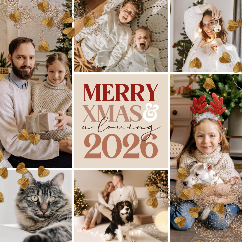 Fotokaarten - Liefdevolle kerstkaart collage 3d harten goudlook