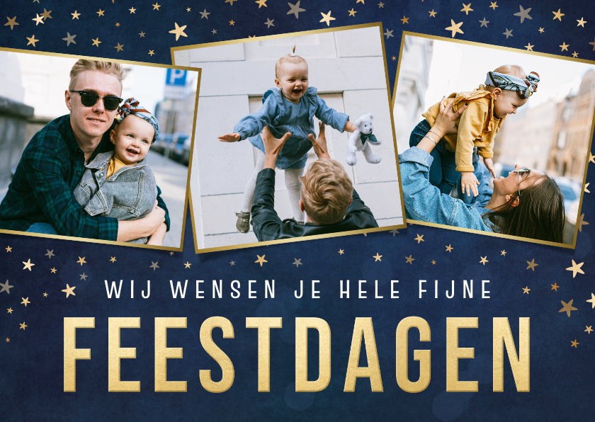 Fotokaarten - Liggende donkerblauwe kerstkaart met 3 foto's en sterretjes