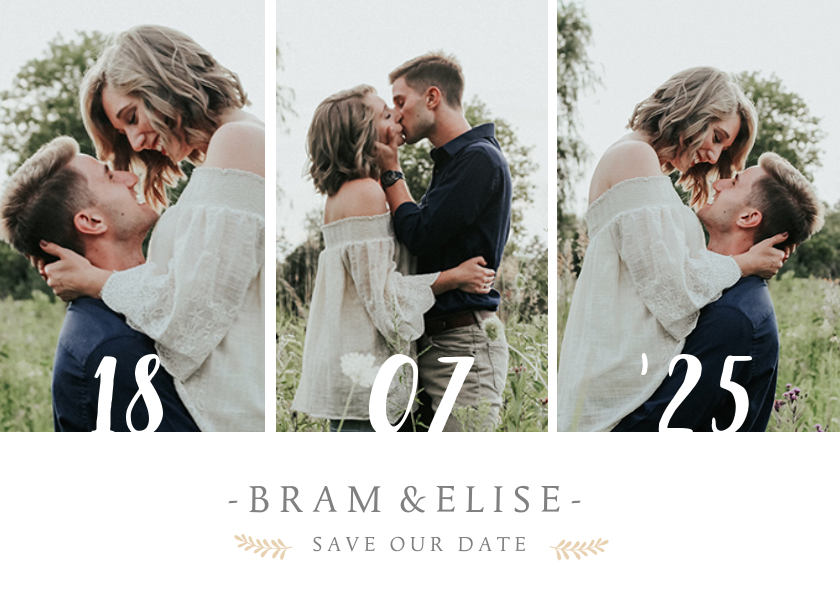 Liggende save the date fotokaart met 3 eigen foto's en datum - Fotokaarten Fotokaarten - Liggende save the date fotokaart met 3 eigen foto's en datum