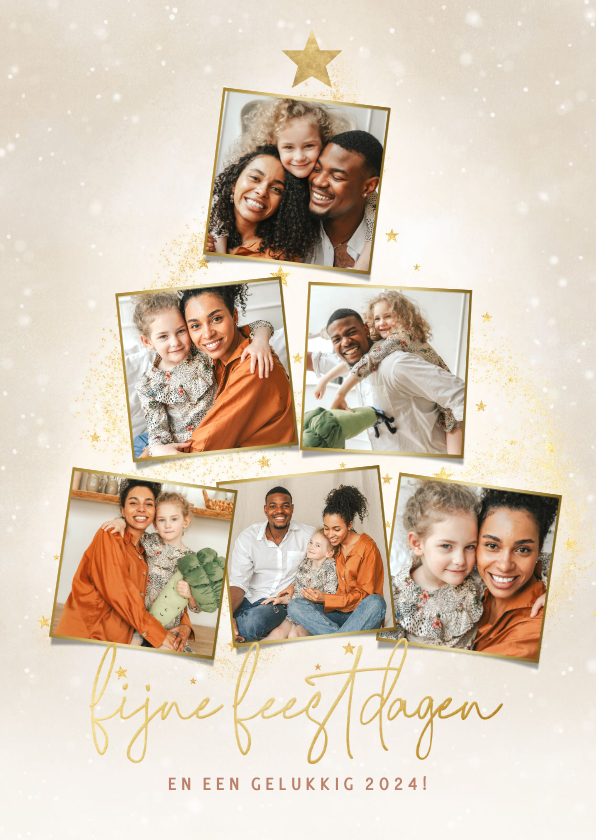Moderne fotocollage fotokaart sterren, glitters & kerstboom - Fotokaarten Fotokaarten - Moderne fotocollage fotokaart sterren, glitters & kerstboom