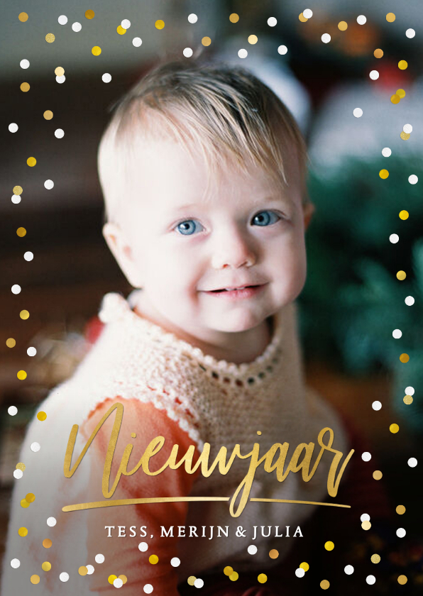 Fotokaarten - Moderne nieuwjaarskaart met goud en witte confetti en foto
