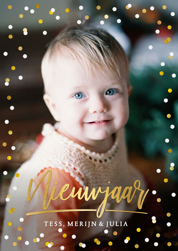 Moderne nieuwjaarskaart met goud en witte confetti en foto - Fotokaarten Fotokaarten - Moderne nieuwjaarskaart met goud en witte confetti en foto