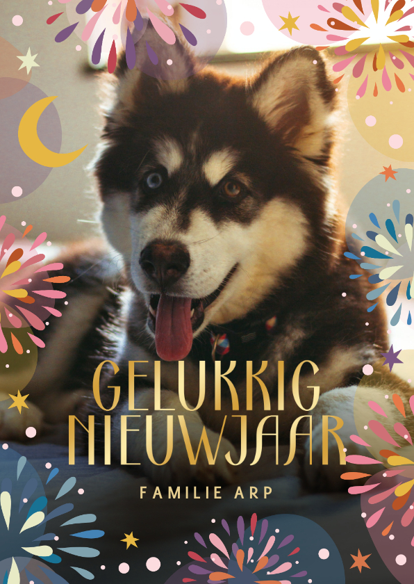 Nieuwjaarsfotokaart vuurwerk grote foto sterren en maan - Fotokaarten Fotokaarten - Nieuwjaarsfotokaart vuurwerk grote foto sterren en maan
