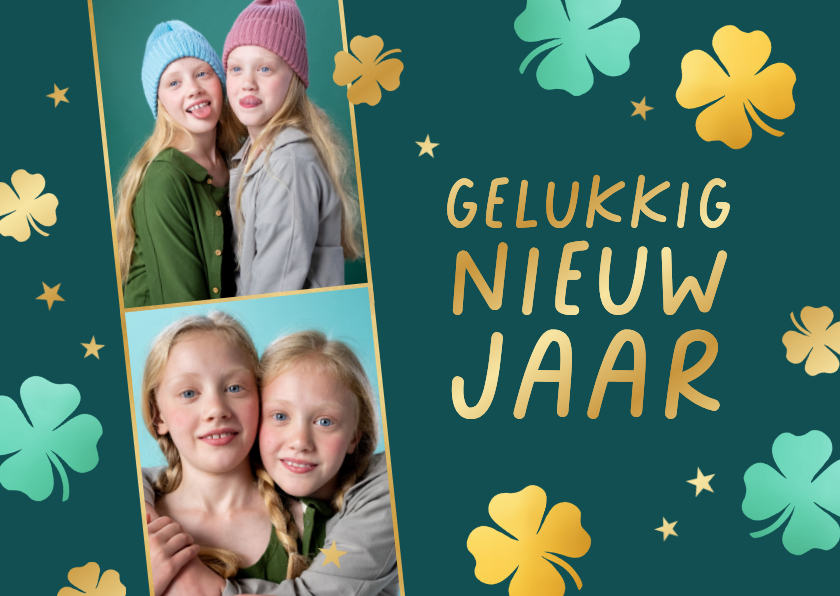 Fotokaarten - Nieuwjaarskaart 2 foto's klavertjes vier goud