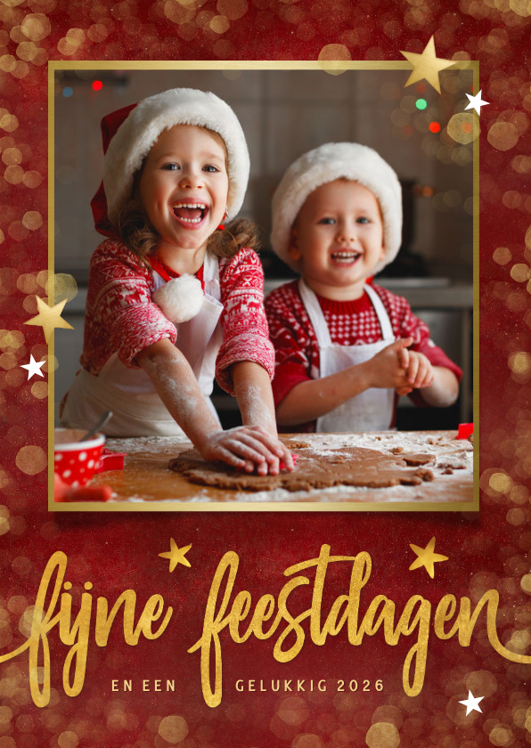 Rode fotokaart staand met eigen foto en gouden sterren - Fotokaarten Fotokaarten - Rode fotokaart staand met eigen foto en gouden sterren