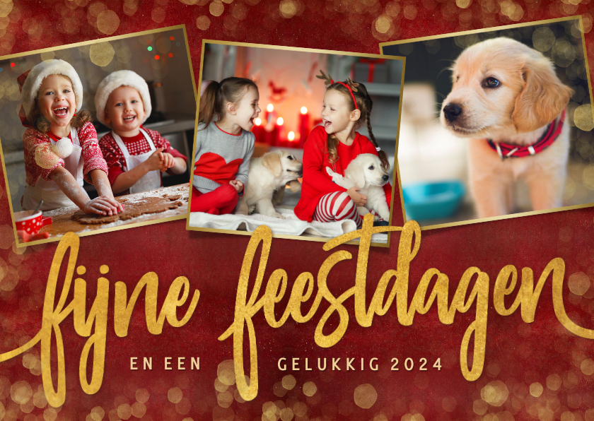 Fotokaarten - Sfeervolle rode kerst fotokaart met 3 foto's en gouden tekst