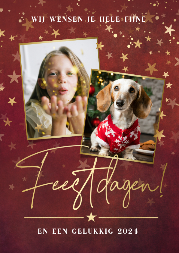 Fotokaarten - Staande rode foto kerstkaart met gouden sterren en 2 foto's