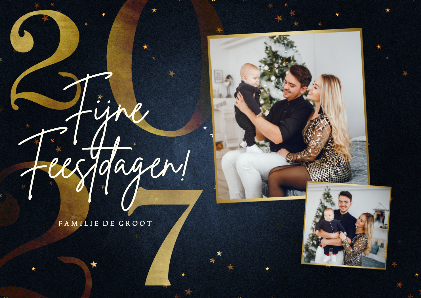 Stijlvolle fotokaart 2027 goud 2 fotos fijne feestdagen - Fotokaarten Fotokaarten - Stijlvolle fotokaart 2027 goud 2 fotos fijne feestdagen