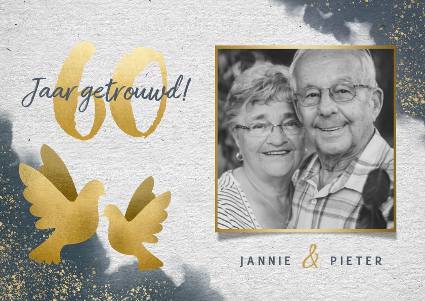Stijlvolle kaart waterverf, gouden duiven en foto's - Fotokaarten Fotokaarten - Stijlvolle kaart waterverf, gouden duiven en foto's