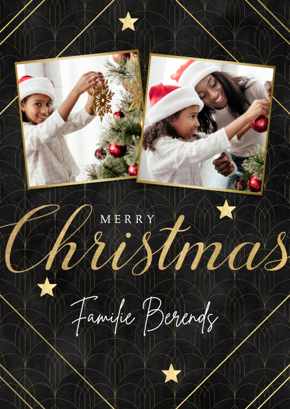 Stijlvolle kerst fotokaart met vintage patroon en sterren - Fotokaarten Fotokaarten - Stijlvolle kerst fotokaart met vintage patroon en sterren