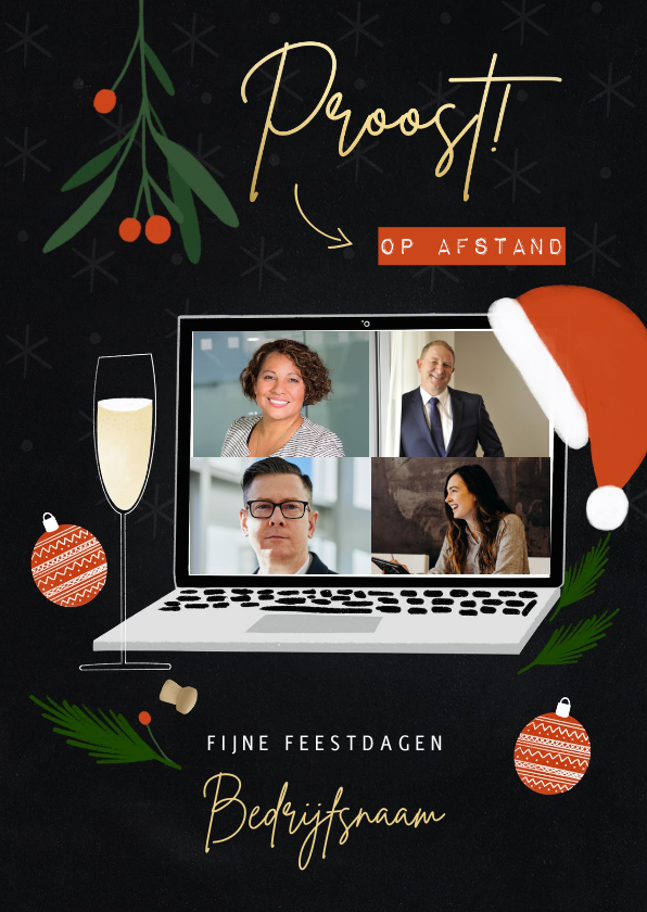 Trendy fotocollage kaart proost op afstand laptop kerstsfeer - Fotokaarten Fotokaarten - Trendy fotocollage kaart proost op afstand laptop kerstsfeer