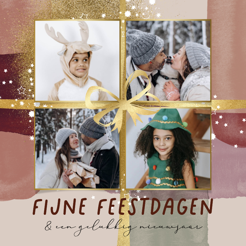 Fotokaarten - Trendy fotokaart fijne feestdagen watercolor strik goud