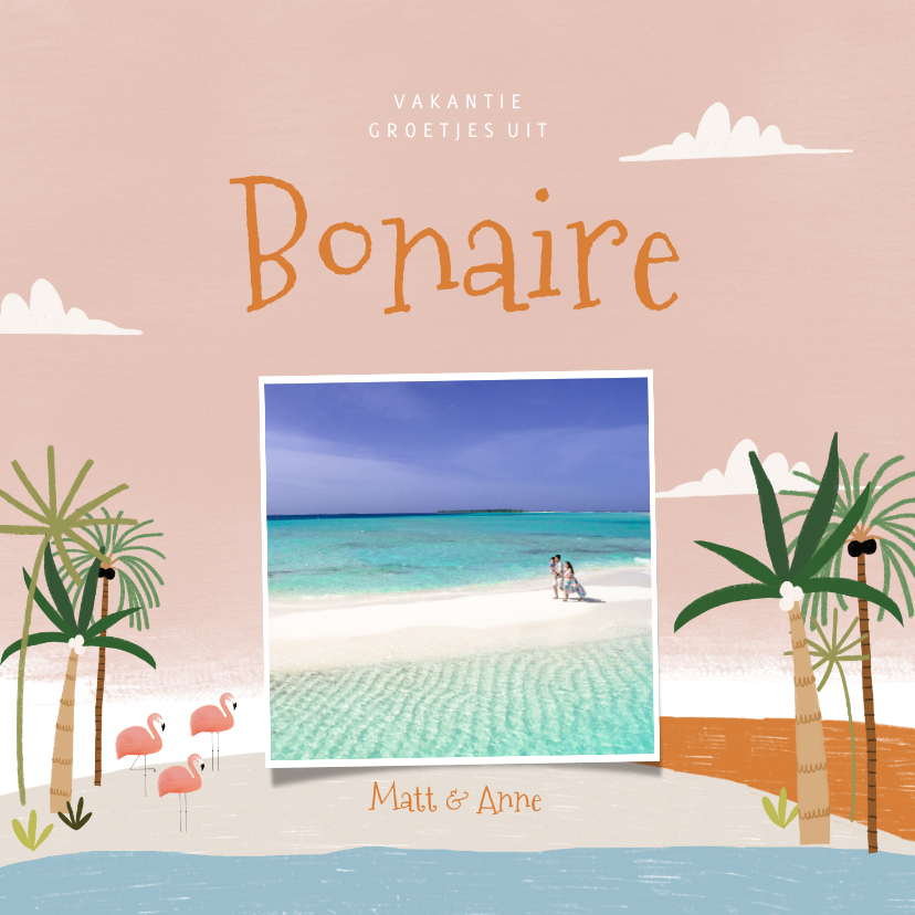 Fotokaarten - Tropische fotokaart vakantie Bonaire palmbomen en flamingo's