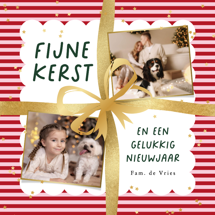 Fotokaarten - Vrolijke kerstkaart strik cadeau goud streep sterrenconfetti