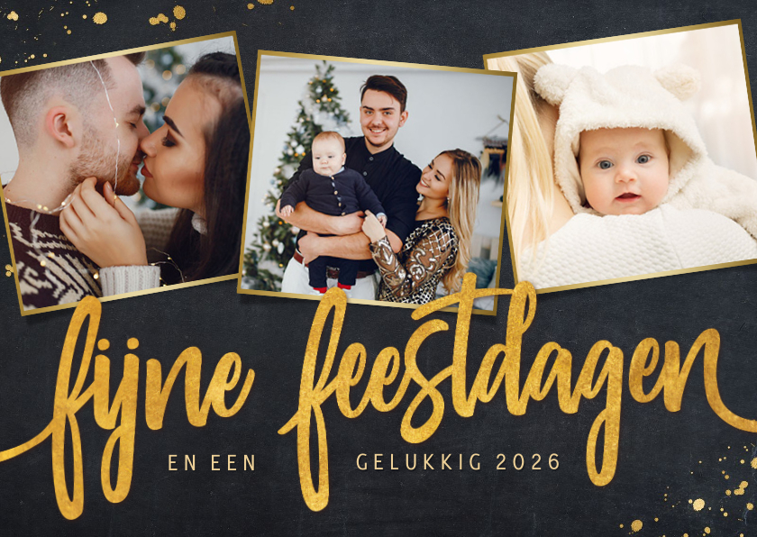 Zwarte fotokaart voor kerst met 3 eigen foto's en goud - Fotokaarten Fotokaarten - Zwarte fotokaart voor kerst met 3 eigen foto's en goud