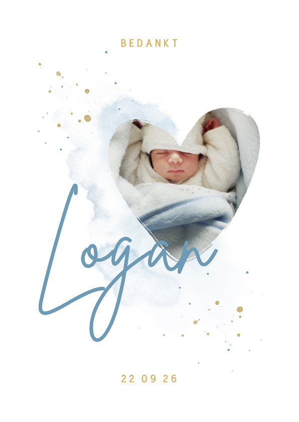 Geboortekaartjes -  Bedankkaartje foto in hartjesvorm blauwe aquarel grote naam