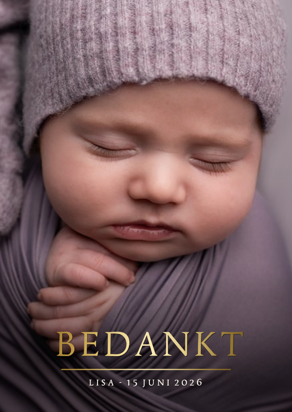 Geboortekaartjes - Bedankkaartje geboorte met grote eigen foto en naam