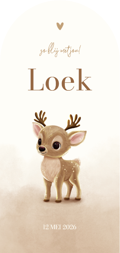 Geboortekaartjes - Beige geboortekaartje hertje boog met waterverf