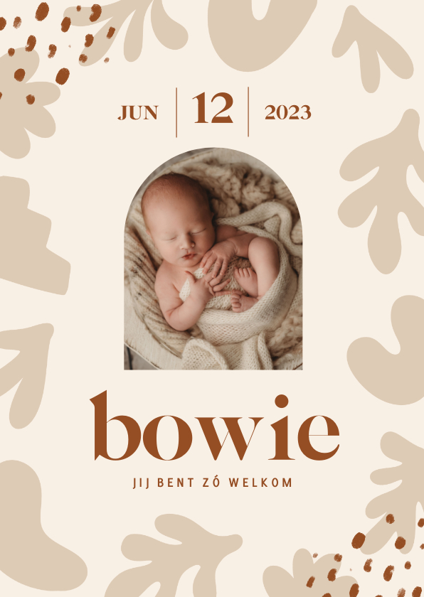 Beige geboortekaartje met abstracte vormen en foto - Geboortekaartjes Geboortekaartjes - Beige geboortekaartje met abstracte vormen en foto