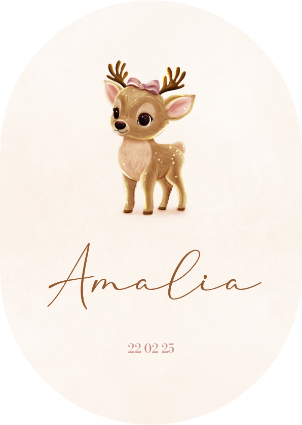 Geboortekaartjes - Beige ovaal geboortekaartje hertje met strik 