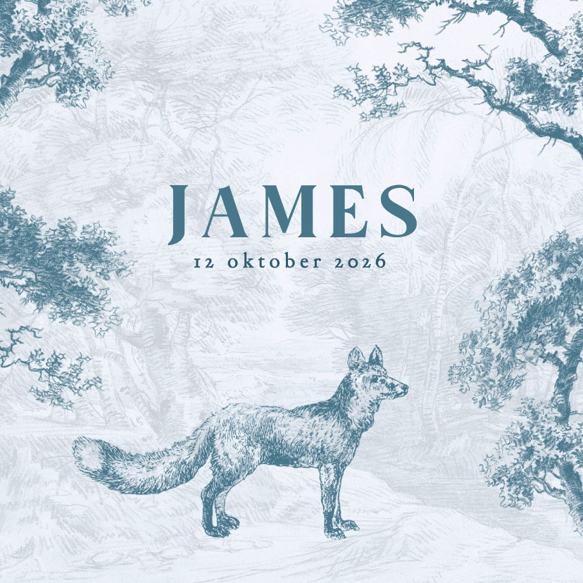 Geboortekaartjes - Blauw geboortekaartje vintage met van vosje in het bos