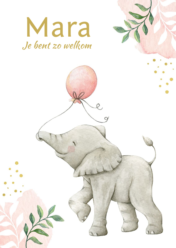 Geboortekaartjes - Botanisch geboortekaartje meisje met lief olifantje