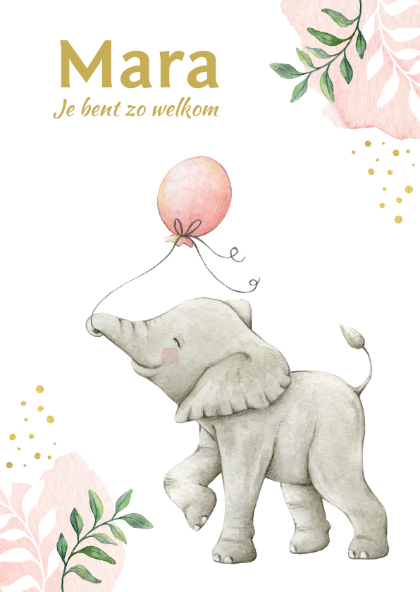 Geboortekaartjes - Botanisch geboortekaartje meisje met lief olifantje