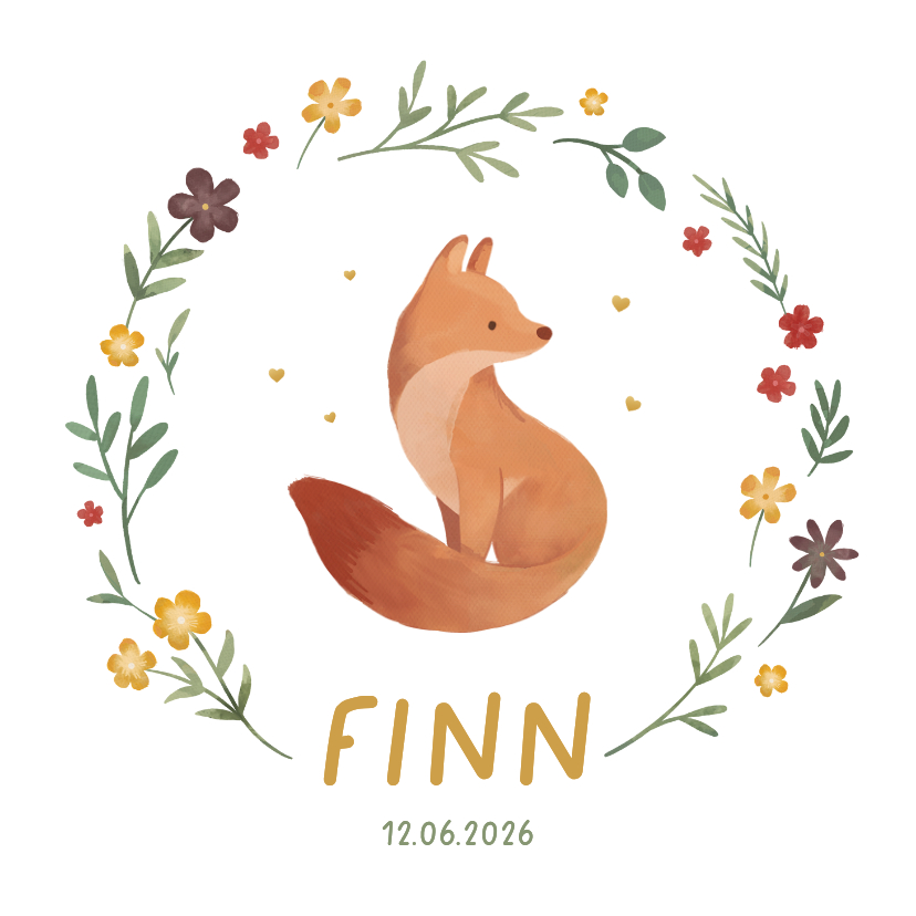 Geboortekaartjes - Cirkel geboortekaartje vosje lente bloemen hartjes