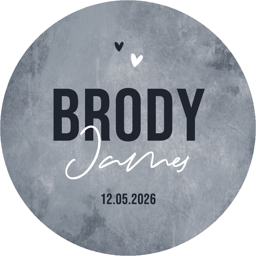 Geboortekaartjes - Cirkelvorm geboortekaartje stoer betonlook grijs hartjes