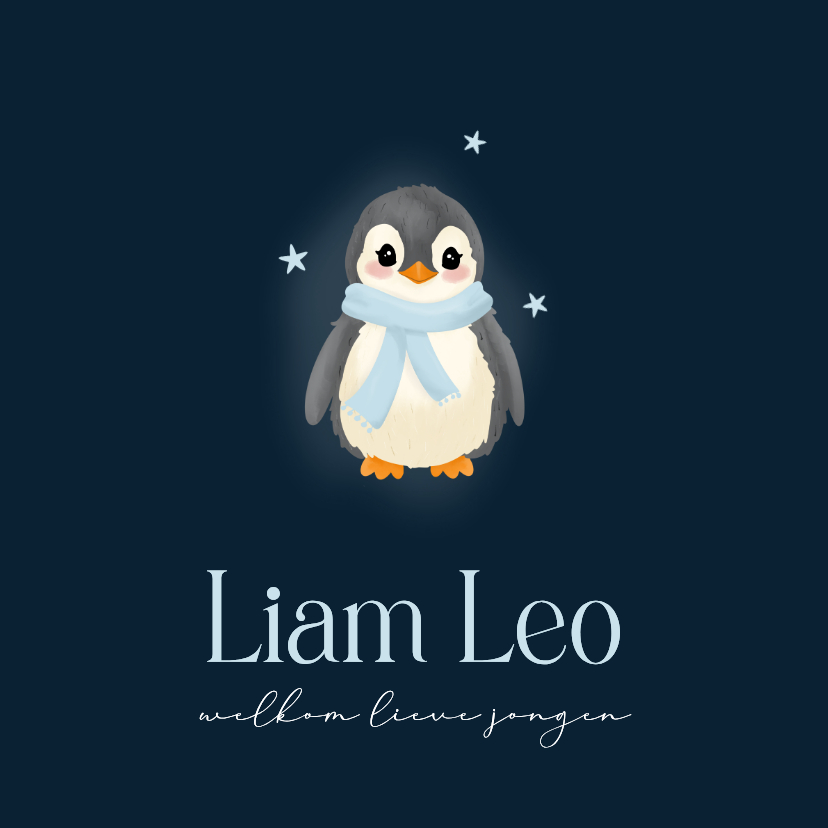 Geboortekaartjes -  Donker blauw geboortekaartje met schattige baby pinguin