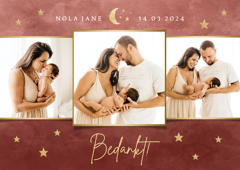 Geboortekaartjes - Fotocollage geboorte bedankkaartje met maantje en sterretjes