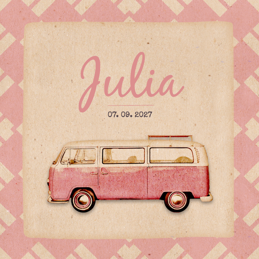 Geboorte busje roze retro patroon - BK - Geboortekaartjes Geboortekaartjes - Geboorte busje roze retro patroon - BK