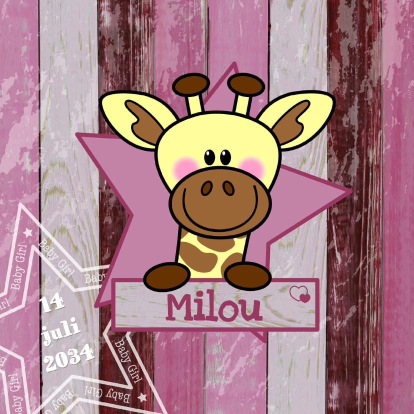 Geboorte giraffe hout meisje HB - Geboortekaartjes Geboortekaartjes - Geboorte giraffe hout meisje HB