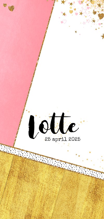Geboorte hip roze en goud kleurig kaartje hartjes en sterren - Geboortekaartjes Geboortekaartjes - Geboorte hip roze en goud kleurig kaartje hartjes en sterren