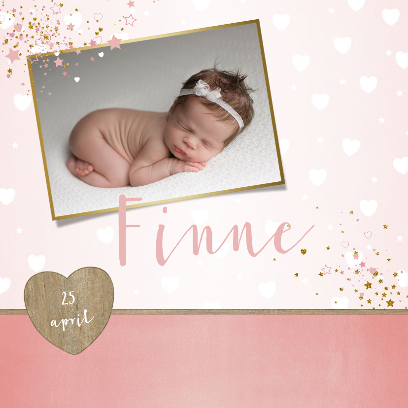 Geboorte lief en hip, roze kaartje met foto en hartjes - Geboortekaartjes Geboortekaartjes - Geboorte lief en hip, roze kaartje met foto en hartjes