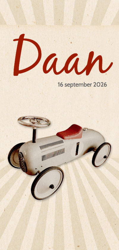 Geboorte loopwagen retro langwerpig - BK - Geboortekaartjes Geboortekaartjes - Geboorte loopwagen retro langwerpig - BK