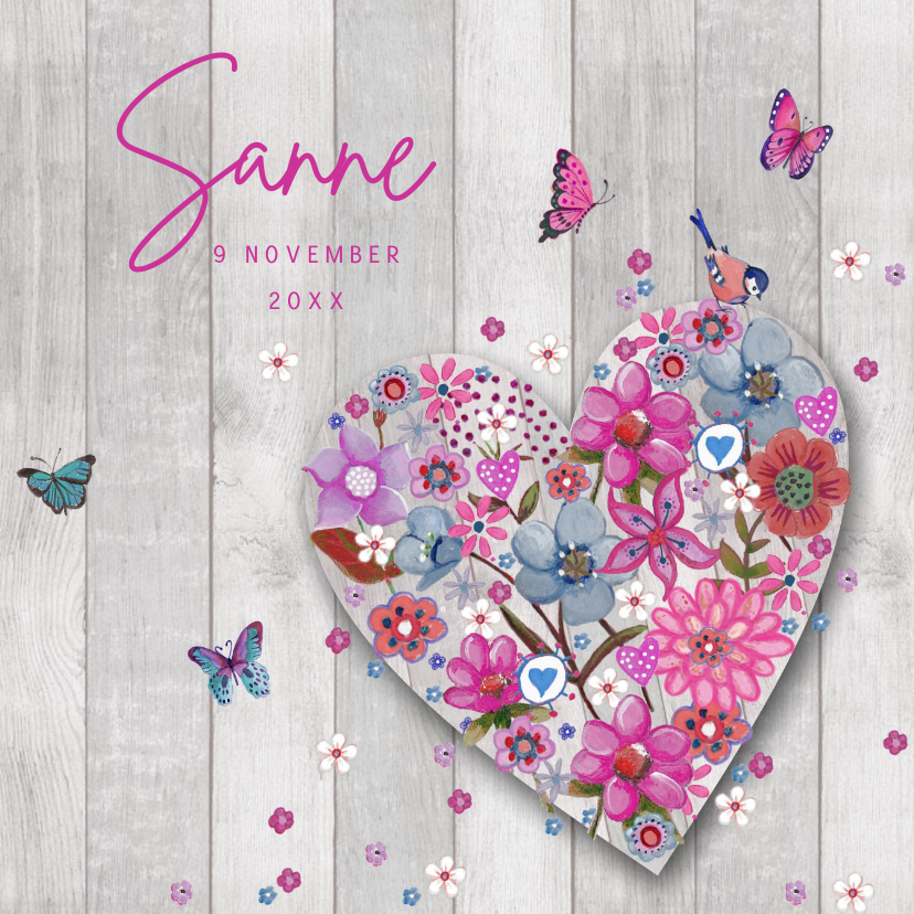 Geboorte Meisje HART BLOEMEN hout - Geboortekaartjes Geboortekaartjes - Geboorte Meisje HART BLOEMEN hout