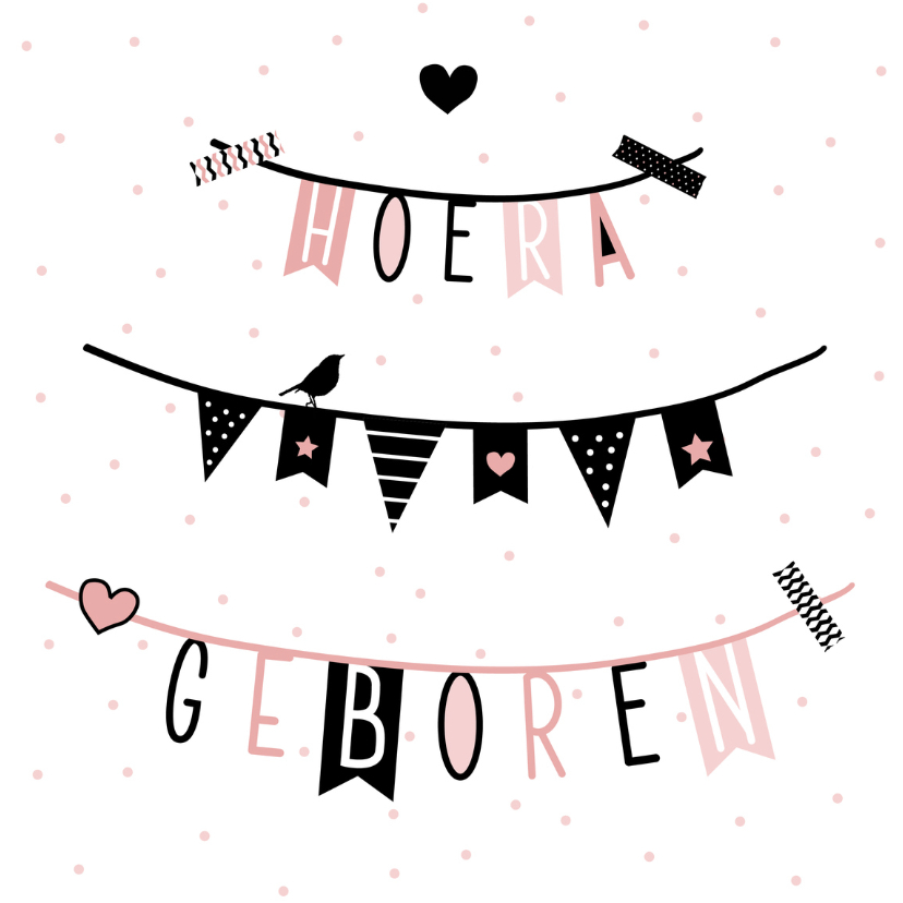 Geboorte - Vlag, slinger, roze - Geboortekaartjes Geboortekaartjes - Geboorte - Vlag, slinger, roze